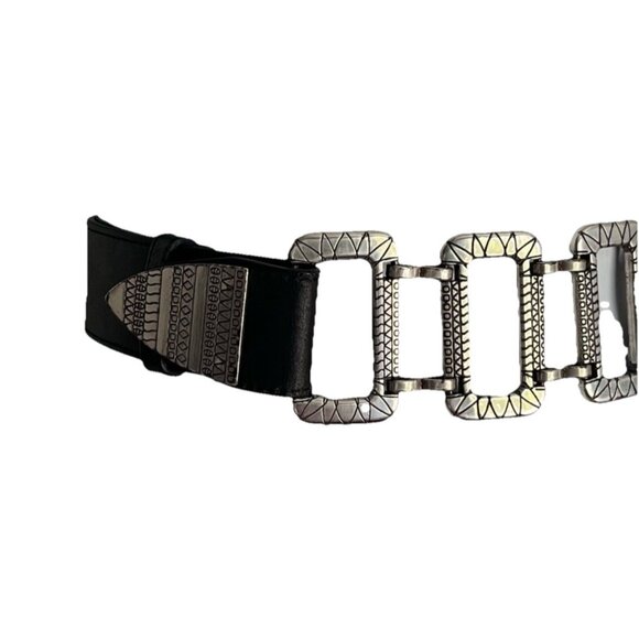 Vintage Style Black Faux Leather Silver Engraved Metal Link Statement Waist Belt main image 7